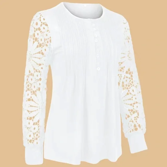 NWT 🤍 PLEATED WHITE IVORY LACE SLEEVE V-NECK BLOUSE TOP Size Women’s XL - Picture 4 of 8